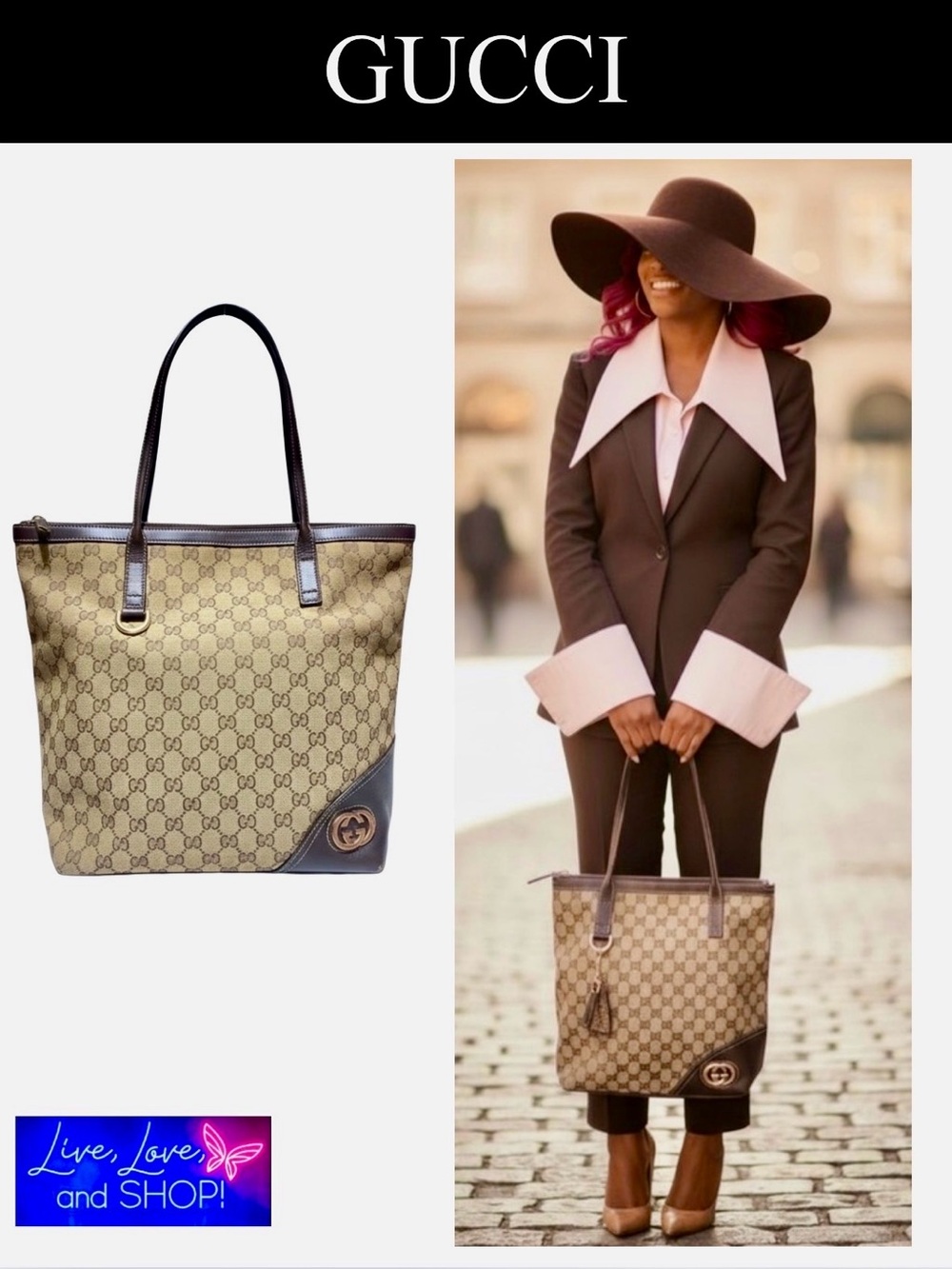 GUCCI Canvas Leather Monogram Shoulder Bag, Vintage. EUC